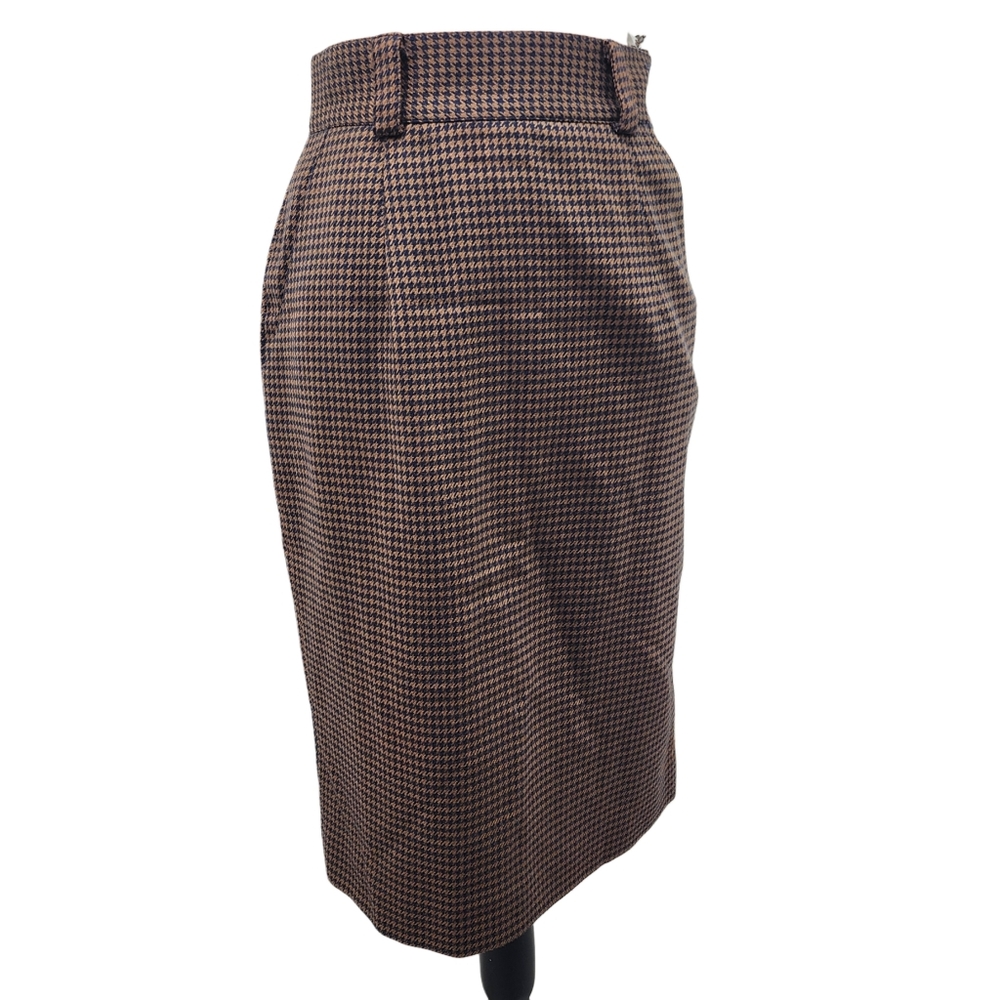 Jones NY. Vintage, Wool, Brown & Navy Houndstooth Pencil Skirt. Size: 6
